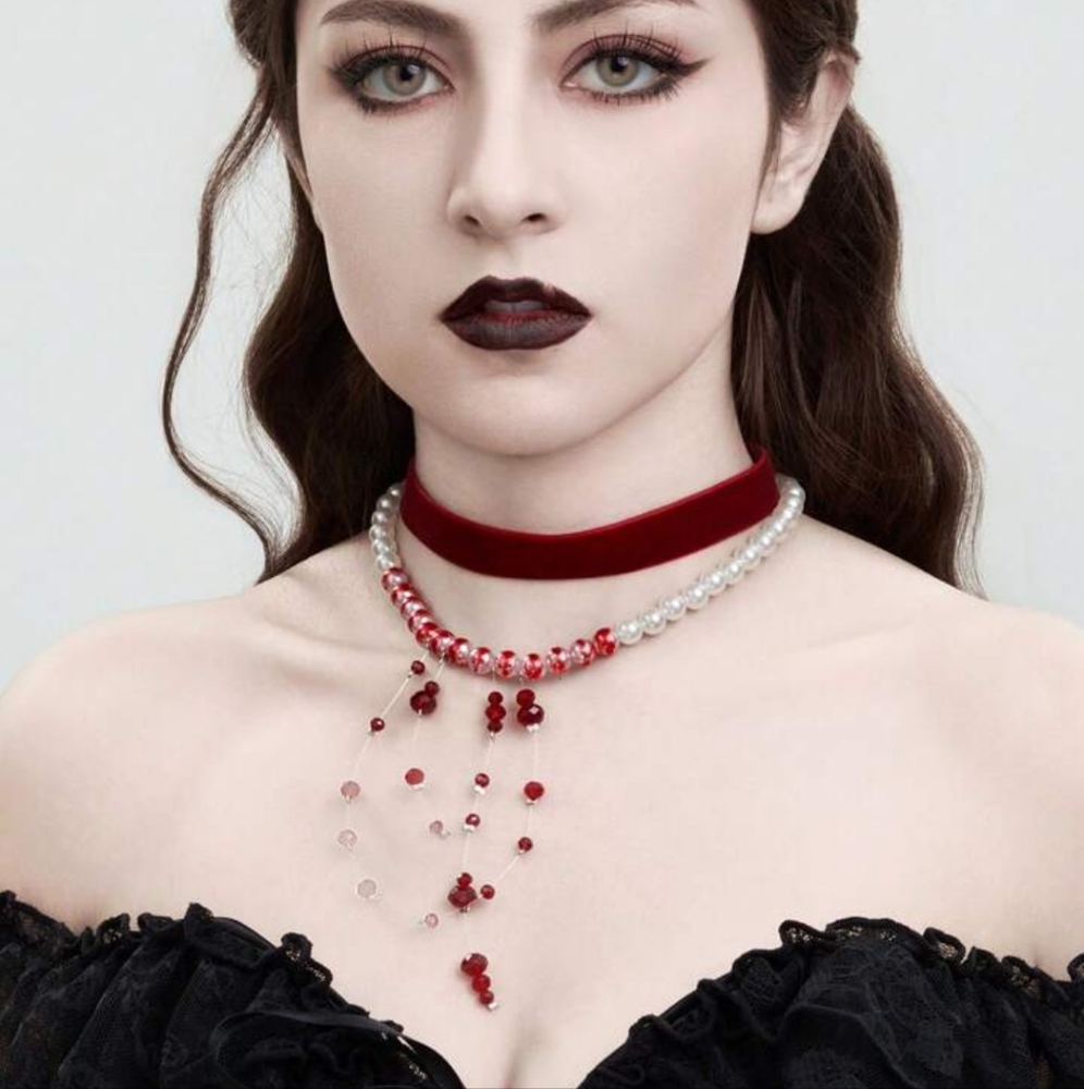Dripping Blood Pearl Choker Necklace Set